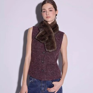 Deessesicile法式 气质酒红色粗花呢亮片背心外套高智分子圆领马甲