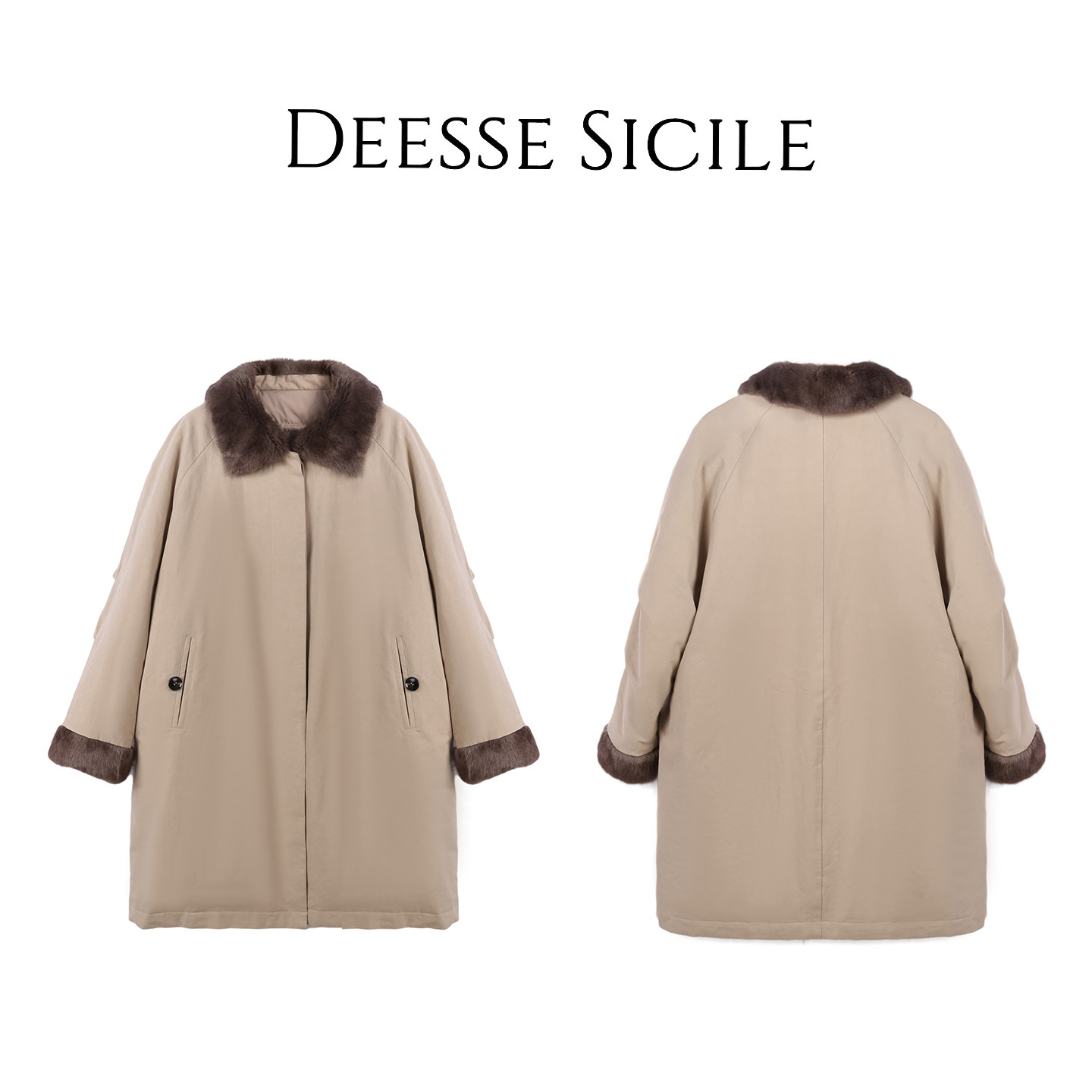 Deessesicile  1貂毛翻领卡其通勤智性长款风衣式轻便保暖鹅绒服