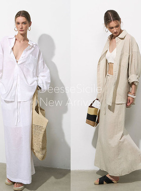 DeesseSicile 白色100%亚麻松弛假日老钱风宽松衬衫半身裙套装女