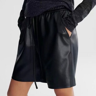子女 宽松休闲裤 DeesseSicile黑色蛋白PU皮短裤 抽绳松紧腰百搭时尚