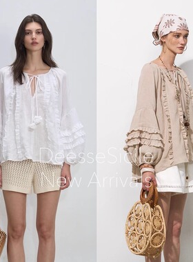 DeesseSicile 法式浪漫田园风白色100亚麻花边泡泡袖娃娃衫上衣女
