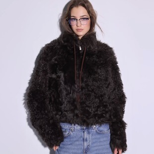 Deessesicile西班牙托斯卡纳皮毛一体巧克力色立领短款皮草外套