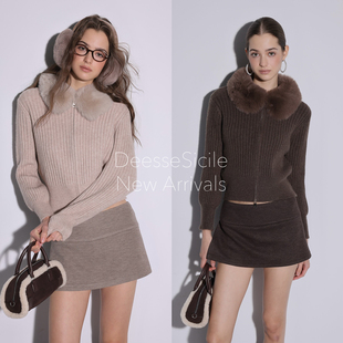 Deessesicile甜酷学院风软糯毛翻领针织开衫螺纹收腰显瘦拉链毛衣