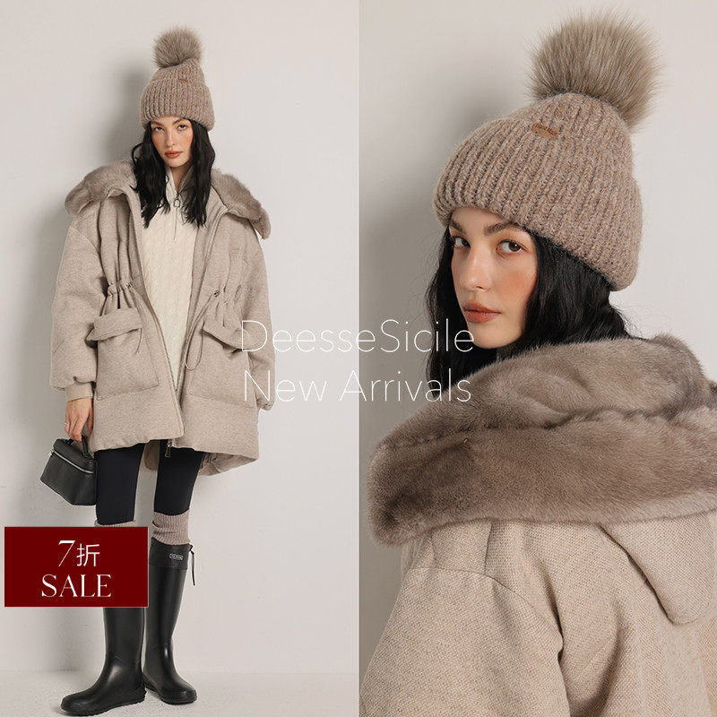Deessesicile  折扣 高奢YS水貂鹅绒羊毛呢连帽外套加厚羽绒服女