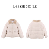 Deessesicile时髦复古山羊毛翻领灯芯鸭绒服减龄保暖短款 羽绒服女