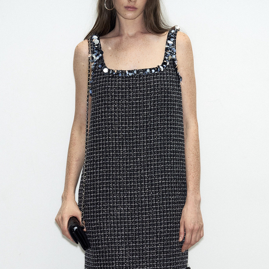 Deessesicile奢华手工亮片流苏小黑裙优雅气质小香风粗花