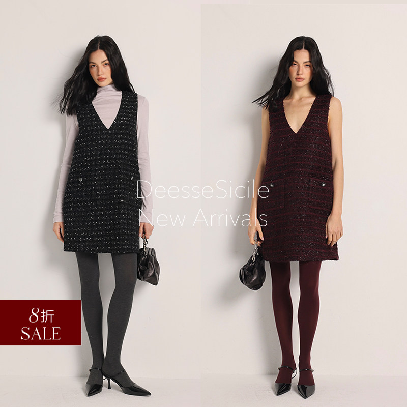 Deessesicile  折扣 酒红色V领亮丝粗花呢背心裙派对宴会连衣裙女