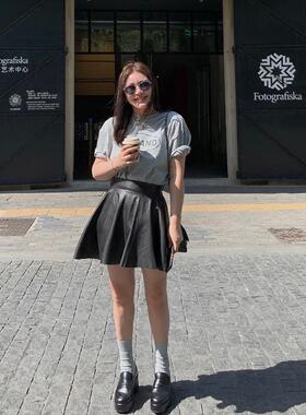 Deessesicile 重塑比例学院风黑色绵羊皮A字高腰伞裙真皮半身裙女