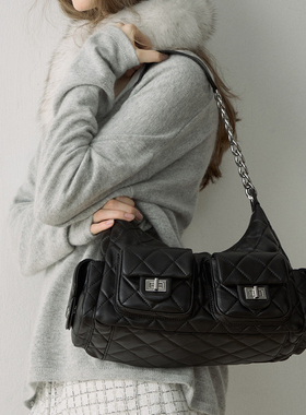 Deessesicile黑色复古头层羊皮拼接链条单肩腋下包高级感托特包女