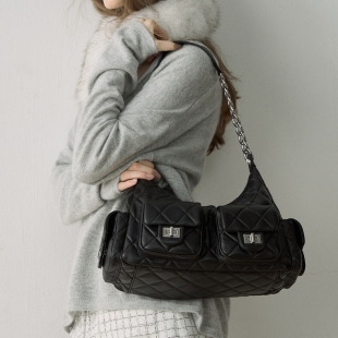 Deessesicile黑色复古头层羊皮拼接链条单肩腋下包高级感托特包女