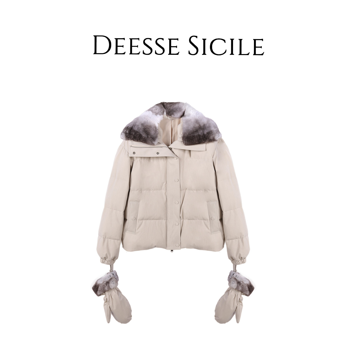 Deessesicile奢华复古龙猫色獭兔毛领手套款鹅绒服小个子羽绒服女