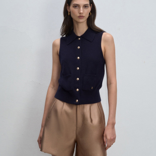 DeesseSicile藏青色通勤气质POLO翻领修身 针织背心上衣女 显瘦无袖