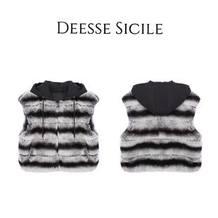 Deessesicile黑白龙猫色獭兔毛皮草外套轻奢时髦拼接短款连帽马甲