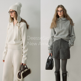 Deessesicile松弛学院风针织衫简约百搭时尚半拉链领连帽套头毛衣