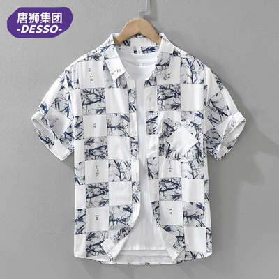 夏季薄款日系高级感痞帅格子印花短袖衬衫男宽松休闲纯棉半袖衬衣
