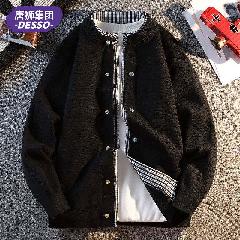 唐狮集团DESSO假两件格子拼接开衫毛衣秋冬老钱风棒球服夹克外套,男装,针织衫/毛衣,淘宝优惠券,粉丝福利购,淘宝优惠卷