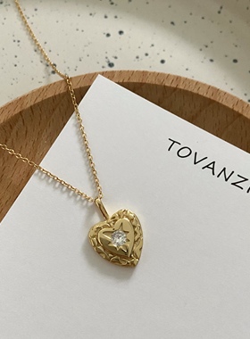 折-韩国925纯银闪钻锆石爱心纹路项链金色叠戴锁骨链