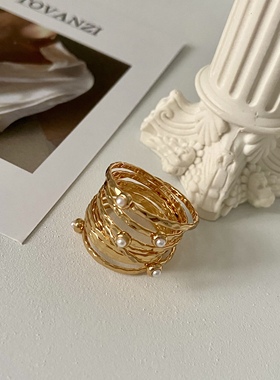 折扣韩国镶钻珍珠多层缠绕鸟巢戒指手工绕线复古纹理食指戒