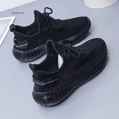 椰子鞋350纯黑色情侣男女满天星网面透气休闲轻便软底跑步工作鞋
