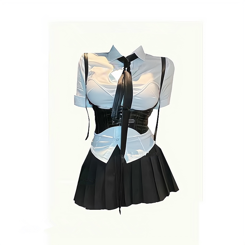 美式收腰衬衫马甲辣妹腰封制服套装夏季校服OL性感纯欲风JK百褶裙