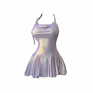 连衣裙女秋酒吧蹦迪挂脖吊带裙直播衣服 辣妹光泽亮面烫金气质修身