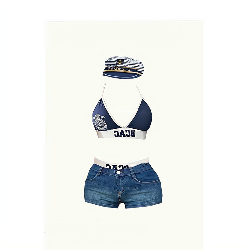 原创网红度假同款三角杯内衣制服辣妹比基尼撞色挂脖吊带套装