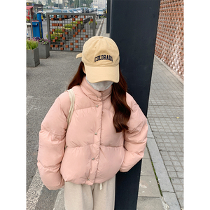 心蓝家桃乐丝粉色羽绒服小个子银扣面包服穿搭矮个子女装显高150
