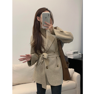 心蓝家玛奇朵卡其色双面呢外套大衣小个子中长款显高腰带大衣女xs