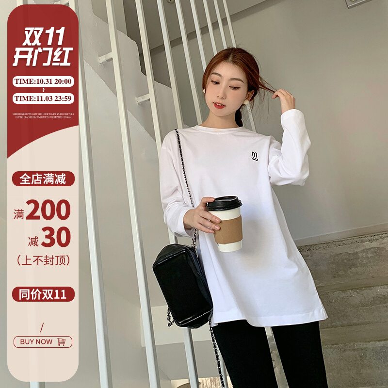 心蓝家小个子白色刺绣兔耳朵体恤下身失踪百搭T恤上衣女T恤秋装xs