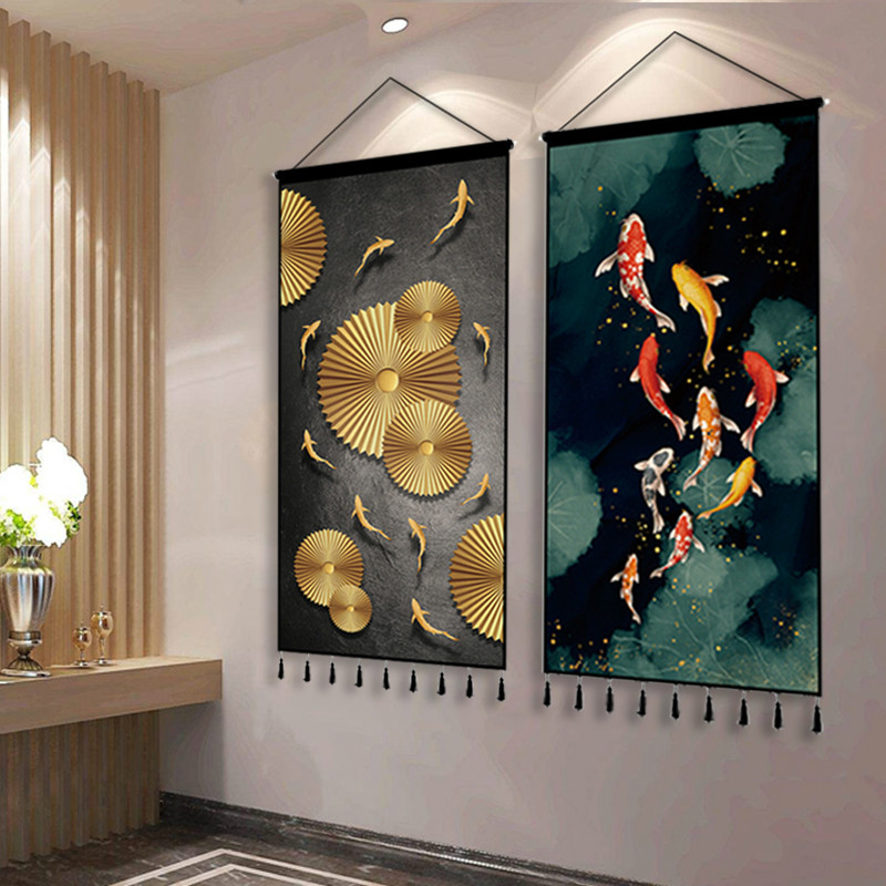 九鱼图布艺挂画走廊玄关挂毯装饰画中式客厅轻奢背景墙挂布背景布图片