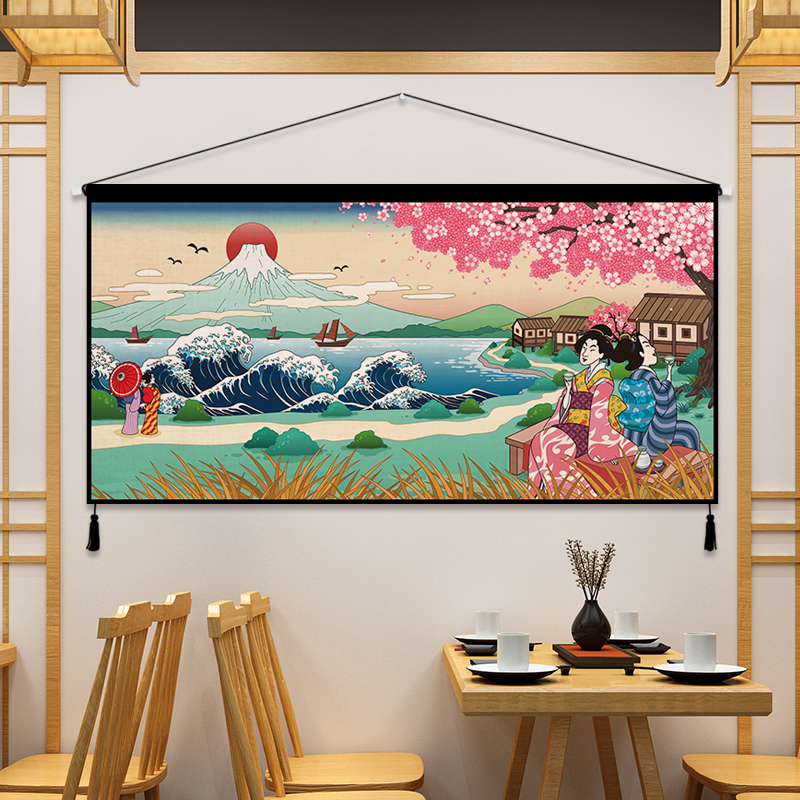 日式浮世绘装饰画布艺挂画网红卧室床头挂毯客厅背景墙挂布背景布图片
