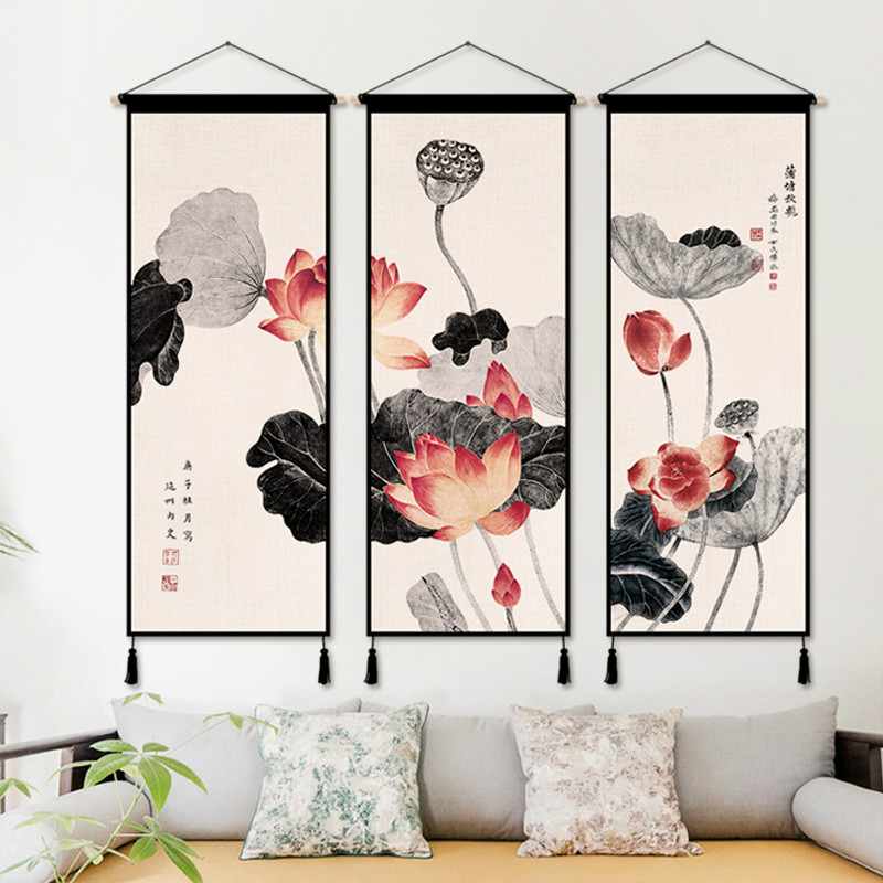 中式新古典荷花挂毯装饰画ins背景墙客厅挂布背景布电表箱遮挡布图片