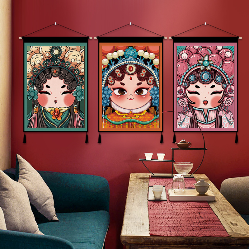 国潮京剧脸谱墙画挂布卡通戏曲花旦挂画卧室客厅背景墙布艺装饰画图片