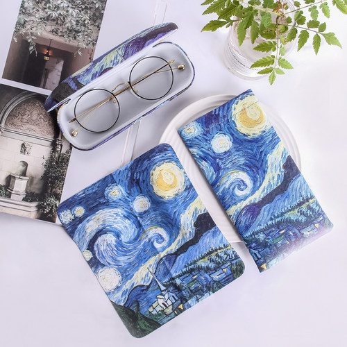 油画风眼镜收纳3件套眼镜袋子男女款防压便携太阳墨镜收纳盒镜布