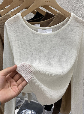 黑色短款罩衫上衣女早秋宽松镂空设计感小众圆领慵懒风薄款针织衫