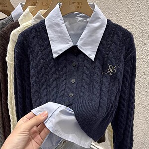 2023秋冬复古长袖针织开衫女两件套短款长袖麻花毛衣外套衬衫上衣