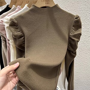 2023秋冬半高领内搭毛衣女设计感小众修身打底衫泡泡袖针织衫上衣