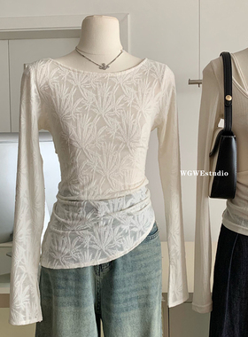 2025早春白色镂空提花长袖T恤女设计感小众修身打底衫高级感上衣