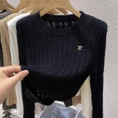 女秋季 洋气打底衫 T恤设计感小众镂空短款 黑色长袖 毛衣针织衫 上衣