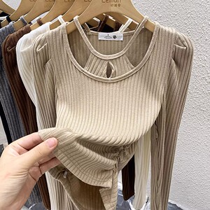 2023秋冬法式假两件上衣女羊绒内搭长袖T恤泡泡袖挂脖露肩打底衫