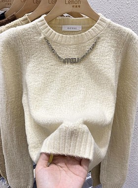 2024针织衫女秋冬宽松设计感小众红色短款加厚毛衣羊绒打底衫上衣