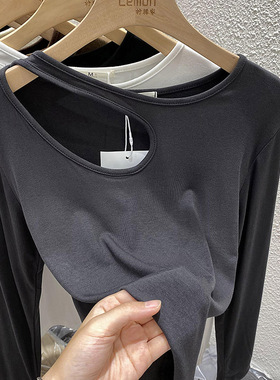 2024秋季洋气时尚上衣女ins设计感小众长袖T恤内搭修身黑色打底衫