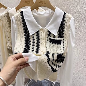 2023复古针织马甲背心开衫女早秋设计感小众泡泡袖衬衫两件套上衣