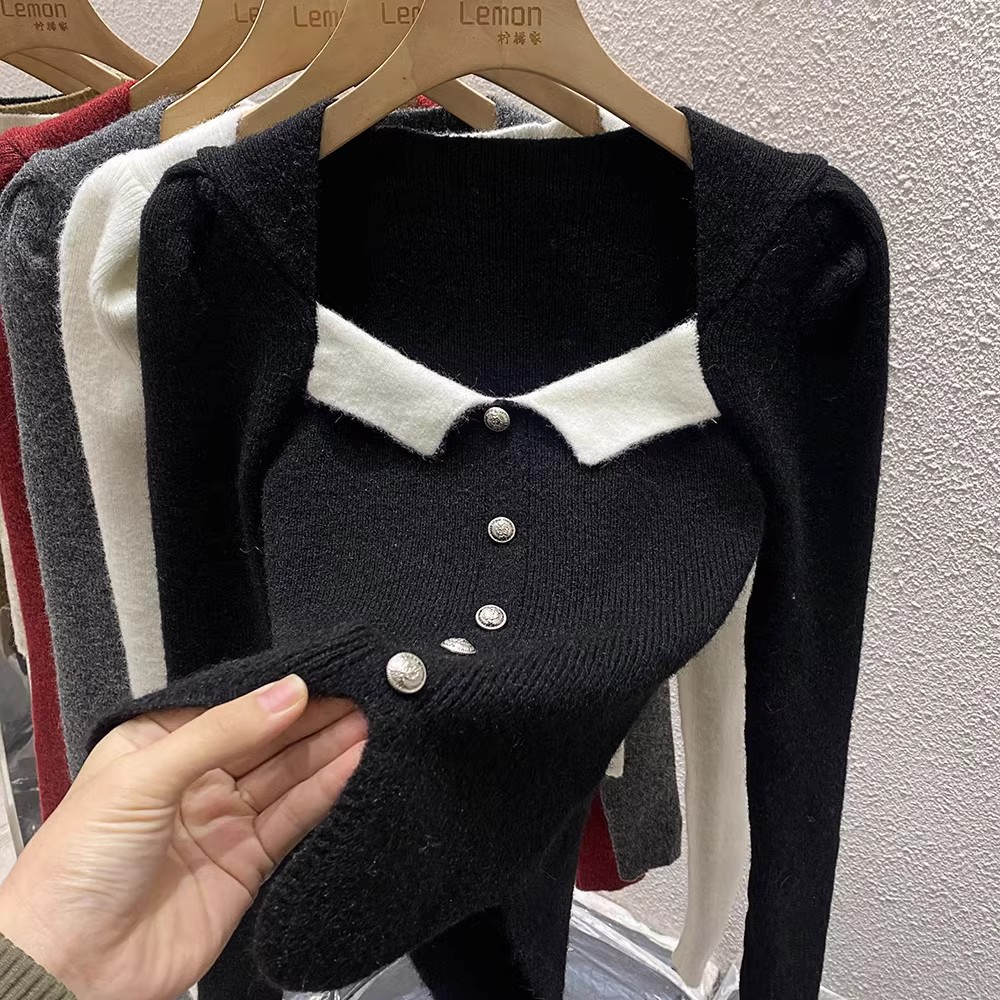 泡泡袖修身毛衣女打底衫针织内搭