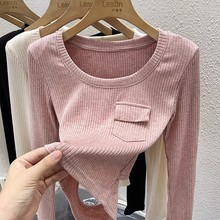 长袖正肩T恤女秋冬法式内搭修身显瘦黑色短款垫肩打底衫辣妹上衣