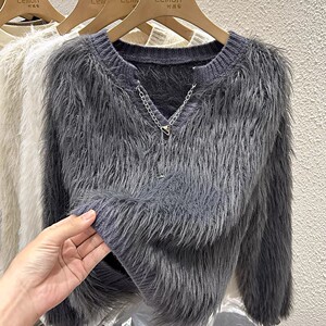 2023秋冬慵懒风复古毛衣女加厚设计感小众V领短款水貂毛针织上衣