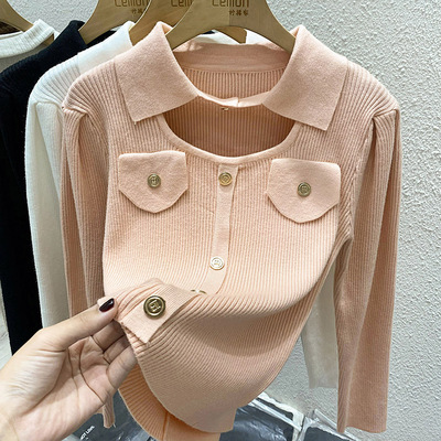 小香风针织衫女毛衣polo领上衣