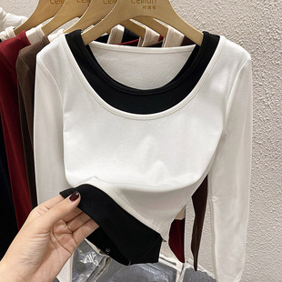 假两件长袖T恤女秋冬设计感小众撞色修身内搭打底衫短款加绒上衣
