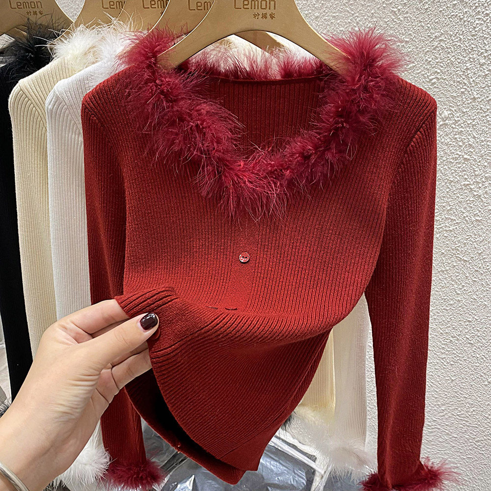 2025秋冬V领针织衫女加厚设计感小众毛毛领毛衣修身打底内搭上衣,女装/女士精品,时尚防晒服,淘宝优惠券,粉丝福利购,淘宝优惠卷