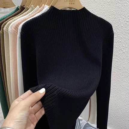 2024秋冬黑色打底衫毛衣女内搭设计感小众洋气修身半高领针织上衣